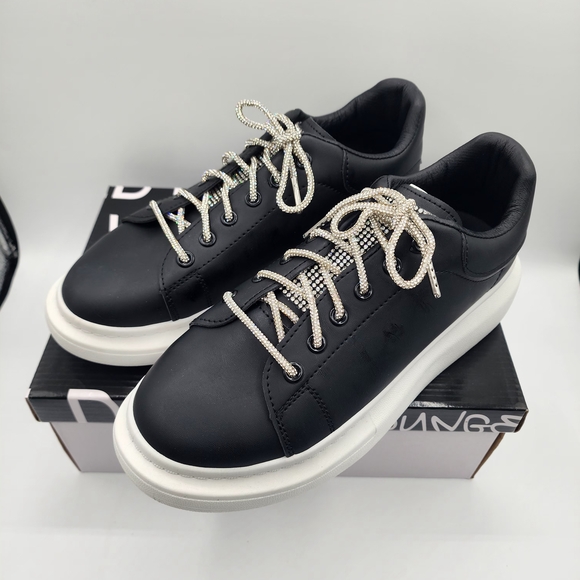 Wild Diva Shoes - Wild Diva Black and White Women's Sneakers W/White Crystal Accents
